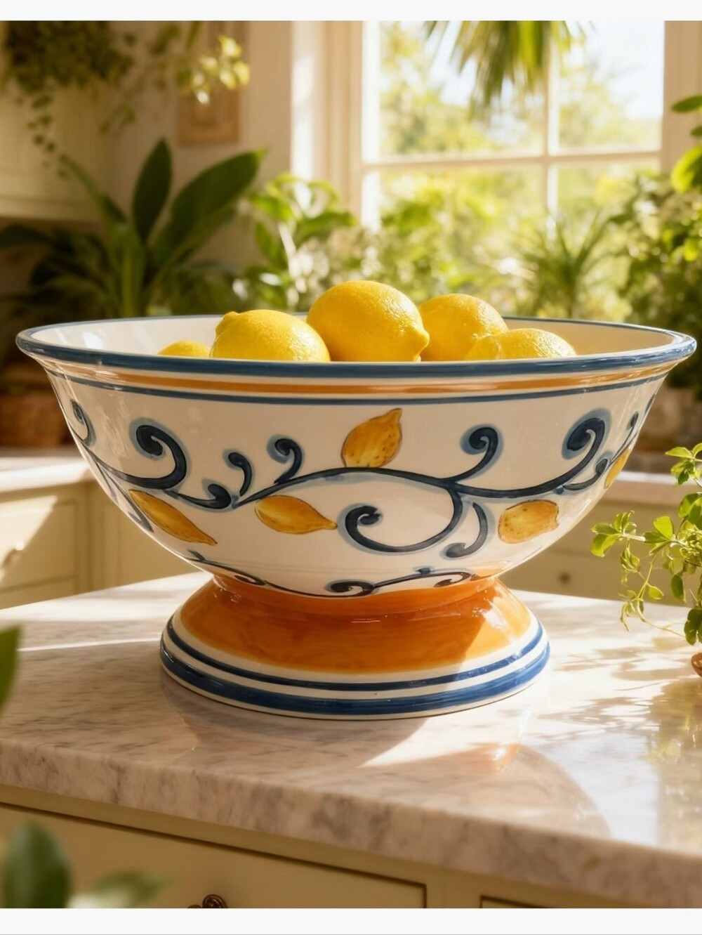 Muchoise NWT Large Stoneware Pedestal Bowl Lemon Design In Yellow/Blue